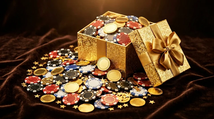 Gouden cadeaudoos met casinochips, munten en sterren op donkerbruine achtergrond, luxe bonusbeeld