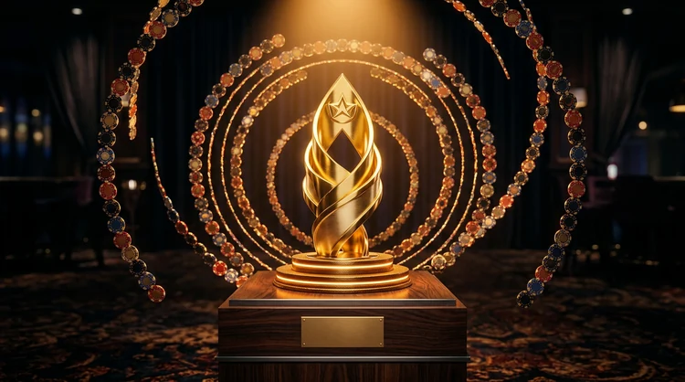 Gouden trofee op donker houten sokkel met fiches in cirkels, loyaliteitsbeloning