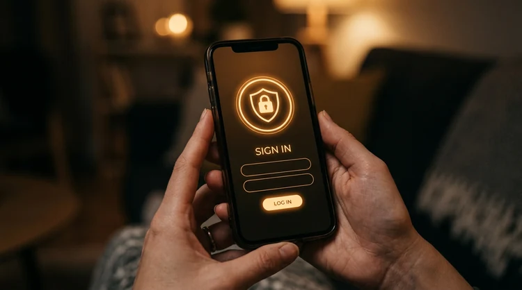 Minimalistisch inlogscherm op smartphone in handen met slotpictogram en amber achtergrondlicht