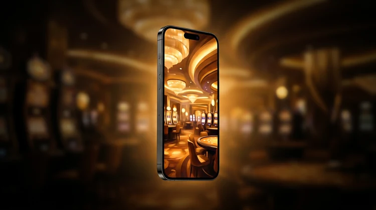 Smartphone met zonnig casino-lobby scherm zwevend op donkere achtergrond met zachte amber gloed