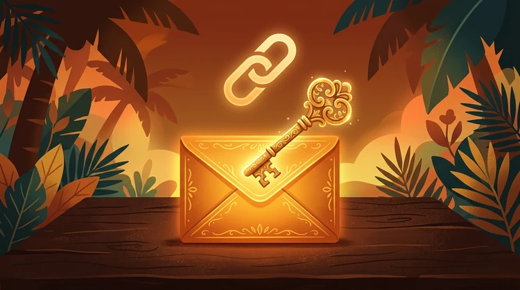 Gloeiende envelop en gouden sleutel boven donkerbruin oppervlak, wachtwoord-reset concept