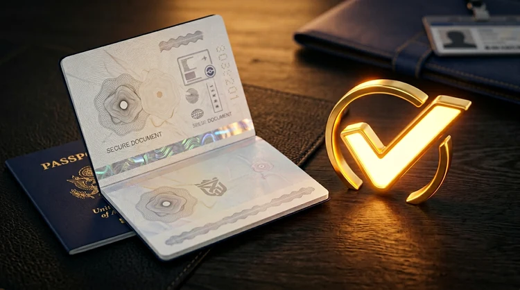 Abstract identiteitsdocument naast gouden verificatie-vinkje, KYC-accountverificatie concept