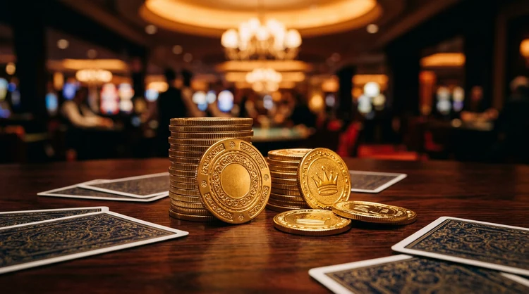 Gouden casinochips en bonusmunten op donker hout met speelkaarten en warm bovenlicht