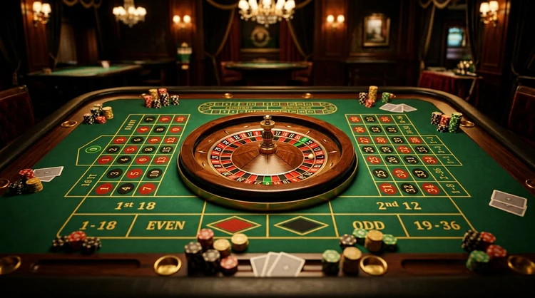Live casinotafel van boven met groene laken, roulettewiel, fiches en kaarten in gouden licht