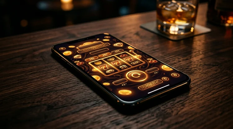 Smartphone op donker hout met gloeiend casino-spel op het scherm in gouden tinten