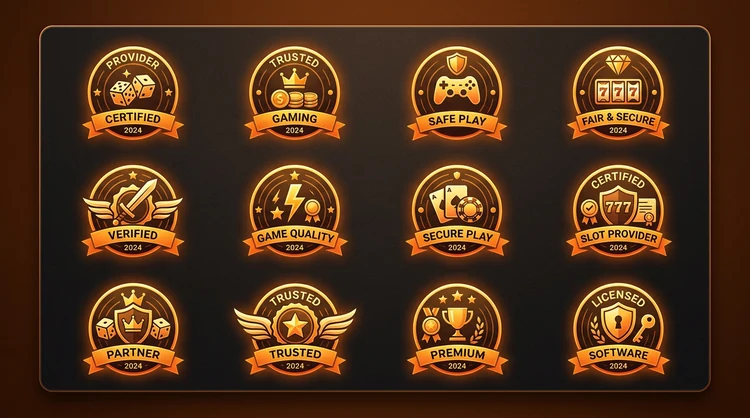 Stilistische illustratie van spelprovider-badges en keurmerken op een donker paneel, kwaliteit en vertrouwen
