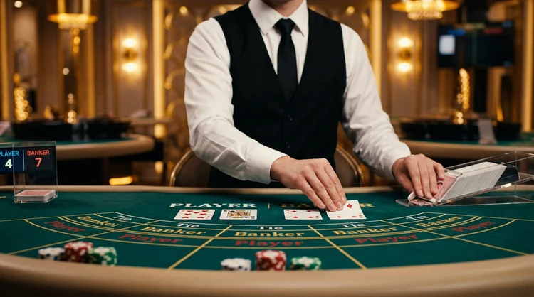 Live casino baccarat-tafel vanuit spelersperspectief met groene laken, kaarten en fiches in amber studioverlichting