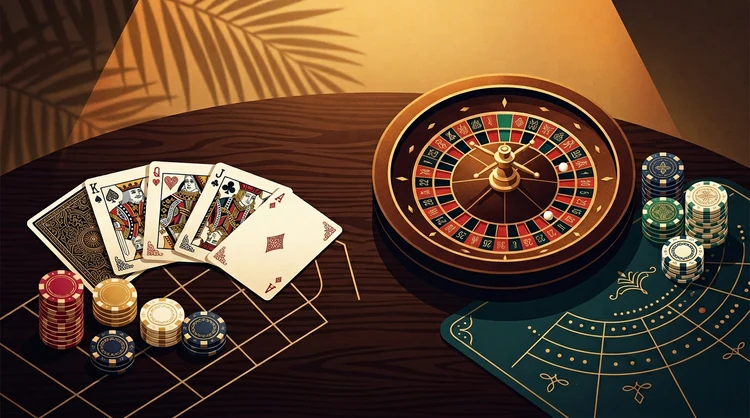 Compositie van blackjack, roulette en baccarat-elementen op donker hout met warme schijnwerper
