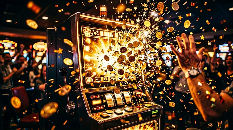 Jackpot-moment met gouden munten en confetti die uit een gokkastscherm spatten