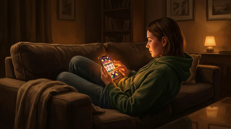 Persoon op de bank speelt mobiele casinogames op een gloeiende smartphone in een donkere kamer