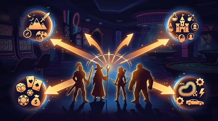 Illustratie van verschillende spelersilhouetten die een spelmenu kiezen met amber pijlen naar genres