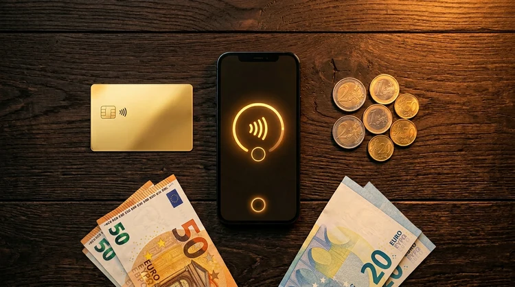 Flatlay van betaalmiddelen: gouden creditcard, smartphone, euromunten en biljetten op donker hout