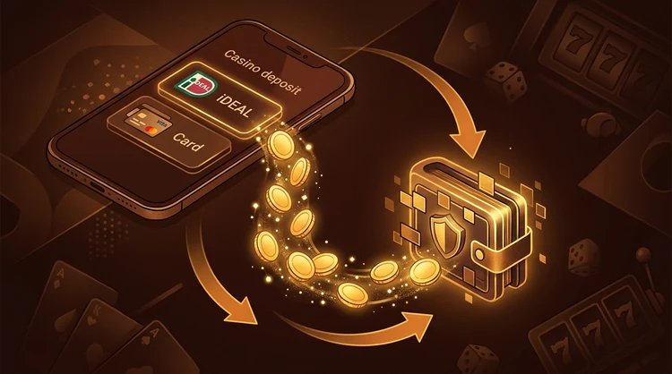 Stapsgewijze illustratie van casino-storting op smartphone met munten in digitale portemonnee