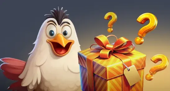Kokobet kip naast een cadeau met vraagtekens