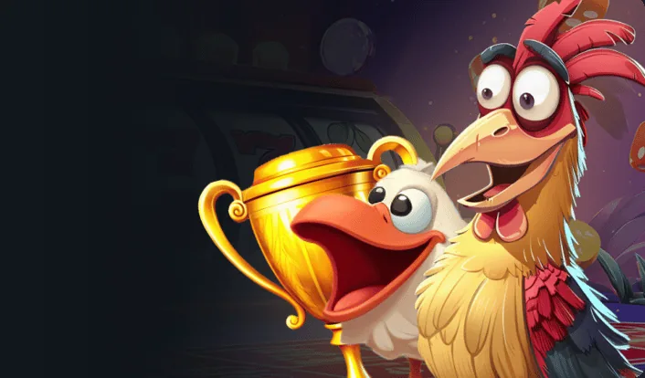 Kokobet promoties: twee kippen met een grote gouden beker