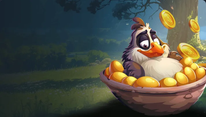 Kokobet vogel in een nest met gouden munten