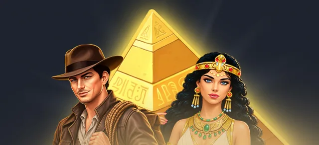Avonturier en prinses bij een gouden piramide, Fortune Flames