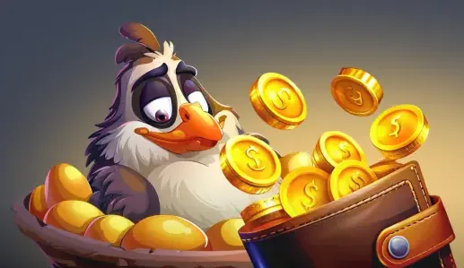 Kokobet pinguïn in een nest vol gouden munten